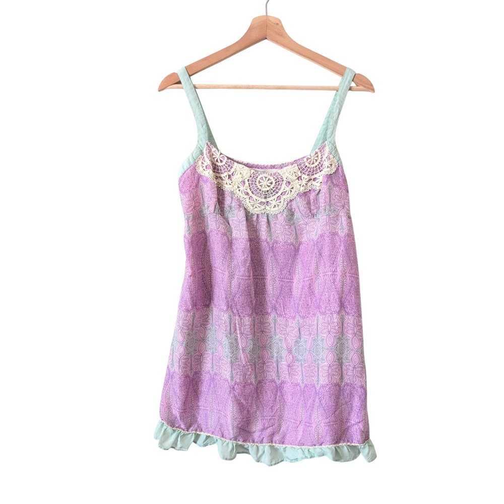 Feather Bone Purple Silk Paisley Crochet Lace Ruffle Camisole Top Coquette Small
